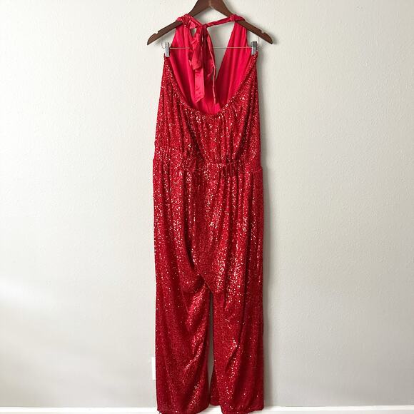 Fashion To Figure Red Sequin V Neck Halter Party Jumpsuit women’s plus size 0X - Picture 5 of 12